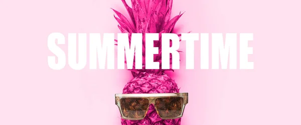 Pink Whole Pineapple Sunglasses Pink Background Added Word Summertime Top — Stock Photo, Image