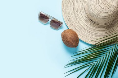 Geniş kenarlı kadın şapkası, güneş gözlüğü, hindistan cevizi ve mavi arka planda bir palmiye dalı. Yaz konsepti, deniz tatili. Pankart. Düz yatış, üst görünüm.