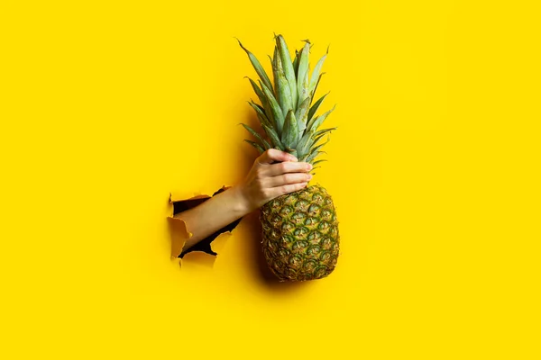 Vrouw Hand Houdt Een Hele Rijpe Ananas Een Gescheurde Gele — Stockfoto