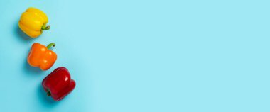 Mavi arka planda üç taze, parlak biber. Üst manzara, düz yatış. Pankart.