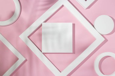 Beyaz sunum, geometrik şekilleri, pembe arka planda palmiye yapraklarının gölgesini oluşturur. Üst manzara, düz uzanma.