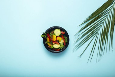 Plastik bir kasede sebze salatası ve mavi arka planda yeşil bir palmiye yaprağı. Üst manzara, düz uzanma. 