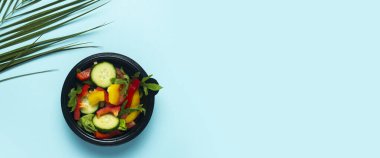 Plastik bir kasede sebze salatası ve mavi arka planda yeşil bir palmiye yaprağı. Üst manzara, düz yatış. Pankart.