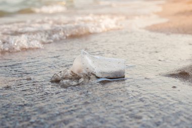 Plastik tabaklar ve kumsalın arka planında plastik bir çanta.. 