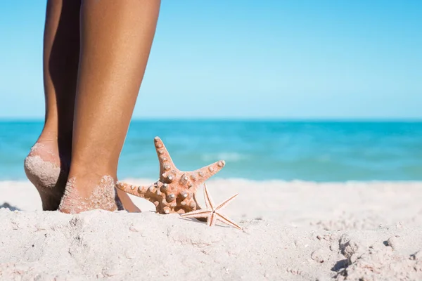 Zeesterren Liggen Naast Vrouwelijke Voeten Een Zandstrand — Stockfoto