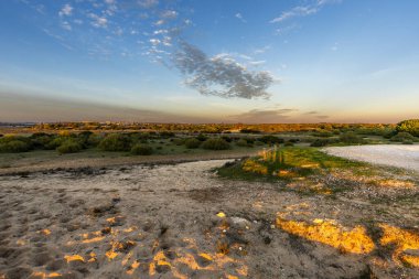 Portekiz 'in Algarve kentindeki Armao de Pra yakınlarında, ılık altın saat ışığıyla aydınlatılan kıyı sulak alanları ve çayırlar geniş bir görüş alanına sahiptir. Yumuşak bulutlar, mavi gökyüzü ve barışçıl bir doğal atmosferi vardır.