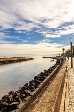 Lagos, Algarve, Portekiz 'de sakin marina suları, taş setler ve dramatik bir bulutlu gökyüzü altında palmiye astarlı bir yürüyüş yolu bulunan liman manzarası..