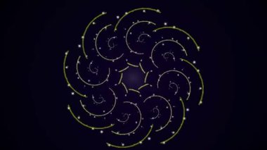 Soyut sarı ve yeşil parlak spirallerin kusursuz döngüsü, parlak parçacıkların olduğu karanlık bir zemin. Modern dijital içerik için simetrik gelişen hareket grafikleri.