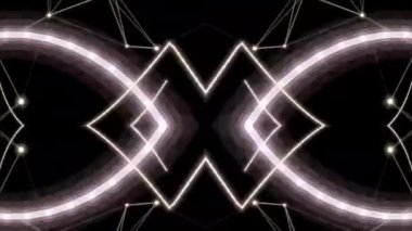 Siyah arkaplanda simetrik ışıklı geometrik animasyon. VJ döngüleri, teknoloji veya müzik arkaplanı için parlayan beyaz çizgiler ve düğümlere sahip soyut geleceksel hareket grafikleri.