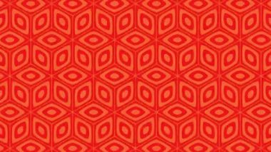 Kusursuz hareket arkaplanı, canlı kırmızı ve turuncu soyut geometrik desenli, ritim altıgen ve elmas şekilli. Modern hipnotik görsel döngü.
