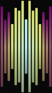 Renkli dikey ses dalgası dengeleyici çubukları, parlak neon yıldırımlar veya karanlık bir arkaplanda elektrik sınırlarıyla çerçevelenmiş gradyan palette. Soyut dijital grafik.