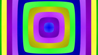 Canlı gökkuşağı gradyanı içinde yuvarlak eşmerkezli karelerden oluşan titreşimli bir tünel içeren kusursuz hareket arkaplanı. Hipnotik ve renkli geometrik görsel döngü.