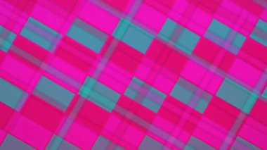 Pembe, morumsu ve deniz mavisi geometrik kareler ve çizgilerle örtüşen eğimli ekoseli bir desen içeren kusursuz hareket arkaplanı. Canlı modern soyut tekstil döngüsü.