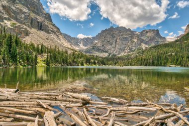 Ağaçlar ve dağlarla çevrili güzel bir göl. Su sakin ve berrak, gökyüzünü ve dağları yansıtıyor. Sahne huzurlu ve sakin, ağaçlarla dolu.