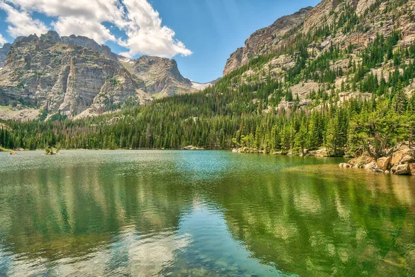 Dağlarla çevrili güzel bir göl. Su sakin ve berrak, ve gökyüzü mavi. Sahne huzurlu ve huzurlu. Huzur ve rahatlama hissi uyandırıyor.