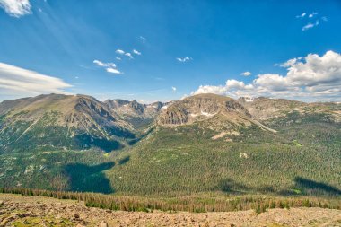 Açık mavi gökyüzü ve birkaç bulutu olan bir dağ sırası. Dağlar ağaçlarla kaplı ve gökyüzü aydınlık ve güneşli.