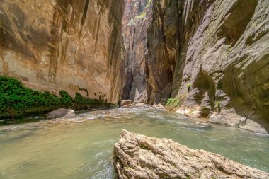 İçinde taş olan bir nehir. Su berrak ve sakin. Kaya büyüktür ve nehrin ortasındadır.