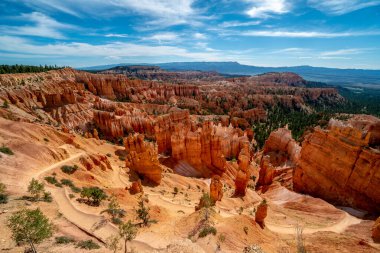 Uçuruma giden dolambaçlı bir yolu olan bir çöl manzarası. Yol kayalar ve ağaçlarla çevrili.