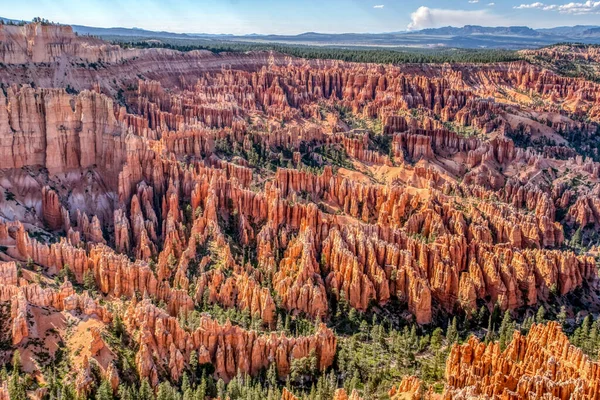 Önünde ağaçlar olan kırmızı kaya oluşumlarından oluşan güzel bir manzara. Gökyüzü mavi ve güneş ışıl ışıl parlıyor