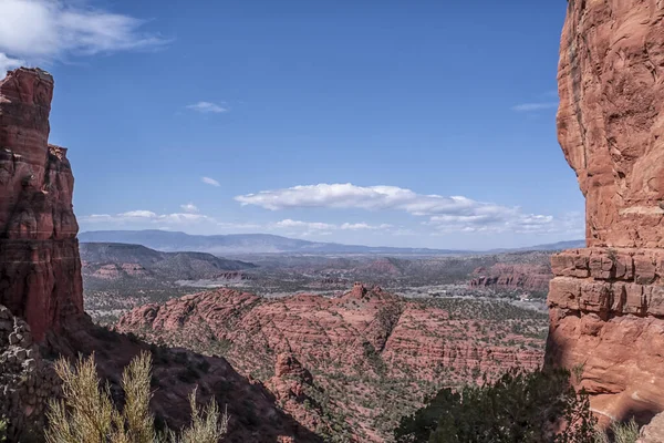 Arkasında dağlar olan güzel bir çöl manzarası. Gökyüzü açık ve mavidir, ve güneş parlıyor. Arka plandaki kayalar kırmızı, manzarayı ısıtıyor.