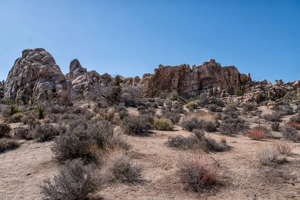 Açık mavi gökyüzü olan kayalık bir çöl manzarası. Gökyüzü görüntünün baskın rengidir ve kayalar sahnenin her tarafına dağılmıştır.