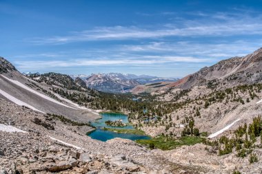 Önünde göl olan bir dağ sırası. Gökyüzü açık ve mavi. Dağlar karla kaplı.