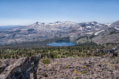 Ortasında göl olan bir dağ sırası. Göl ağaçlar ve kayalarla çevrilidir. Gökyüzü açık ve mavi