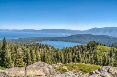 Ağaçlarla çevrili güzel bir göl manzarası. Gökyüzü berrak ve mavi, ve su sakin. Sahne huzurlu ve huzurlu. Rahatlamak ve doğanın tadını çıkarmak için mükemmel bir yer.