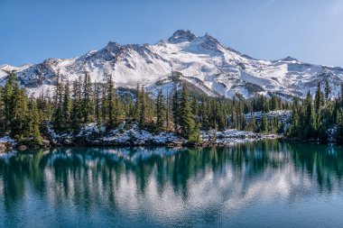Bir dağ sırası bir göle yansıyor. Gökyüzü açık ve mavi. Huzurlu ve huzurlu bir sahne.