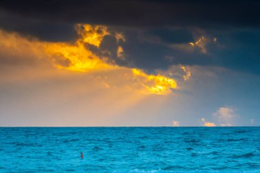 Okyanusun üzerinde birkaç kuşun gökyüzünde uçtuğu güzel bir günbatımı. Gökyüzü bulutlarla dolu ve güneş batıyor. Sıcak ve huzurlu bir atmosfer yaratıyor.