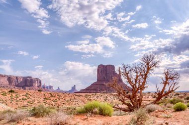 Arkasında büyük bir dağ olan bir çöl manzarası. Gökyüzü çoğunlukla açık ve birkaç bulut etrafa saçılmış durumda. Güneş ışıl ışıl parlıyor, sıcak ve davetkar bir atmosfer yaratıyor.