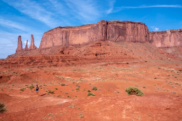 Bir kişi çölde büyük bir kaya oluşumunun yanında duruyor. Gökyüzü açık ve güneş ışıl ışıl parlıyor. Çölün engin genişliğiyle manzara huzurlu ve huzurlu.