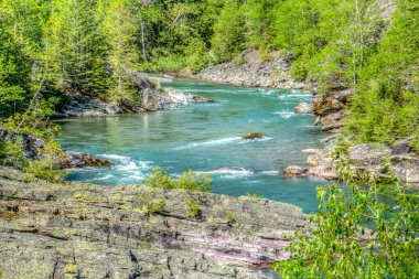 Kayalık bir kıyı şeridi ve arkasında ağaçlar olan bir nehir. Su berrak ve sakin.