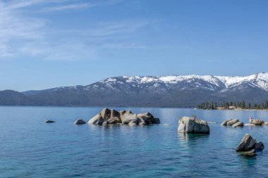 Kayalık bir kıyı şeridi ve arkasında dağlar olan güzel bir göl. Su sakin ve berrak, ve gökyüzü mavi