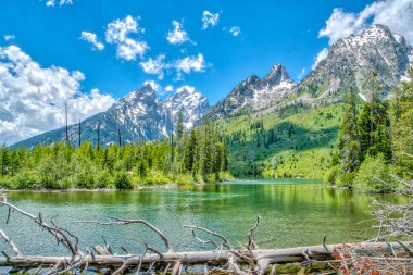 Önünde göl olan güzel bir dağ sırası. Göl sakin ve berrak ve arka plandaki dağlar karla kaplı. Sahne huzurlu ve sakin, ağaçlarla dolu.