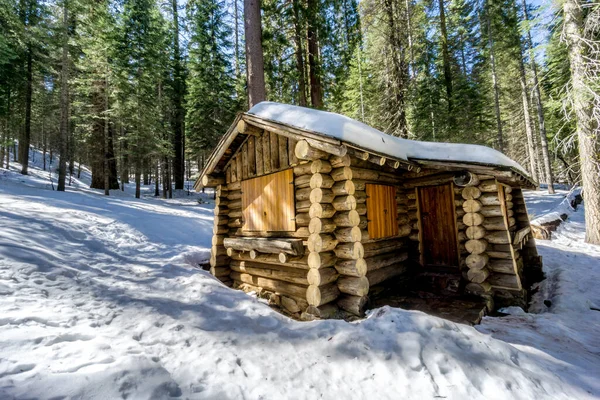 Küçük bir ahşap kulübe karla kaplı. Kulübe ağaçlarla çevrili ve karlı bir ormanda bulunuyor.