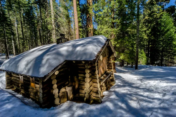 Ağaçların arasında üstü karla kaplı bir kulübe. Kulübe küçük ve rahat, şöminesi ve bankı var. Kabinin dışındaki kar huzurlu ve huzurlu bir atmosfer yaratıyor.