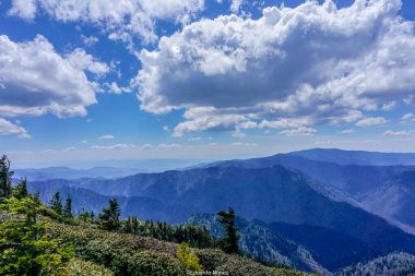 Mavi gökyüzü ve bulutları olan bir dağ sırası. Dağlar ağaçlarla örtülmüş, gökyüzü ise berrak.