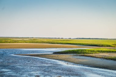 Sakin bir su kütlesi, kumlu bir kıyı şeridi ve berrak mavi bir gökyüzü. Su sakin ve gökyüzü berrak. Huzurlu ve huzurlu bir ortam izlenimi veriyor.