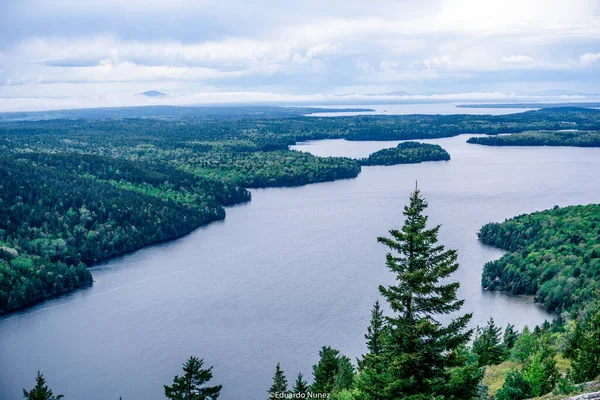 Arkasında dağ olan güzel bir göl. Su sakin ve berrak. Gölün etrafındaki ağaçlar yemyeşil ve yemyeşil. Gökyüzü bulutlu, ama görüntünün genel havası huzurlu.