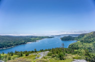 Arka planda mavi gökyüzü olan güzel bir göl manzarası. Su sakin, ağaçlar yemyeşil.