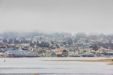 Arka planda şehir manzaralı sisli bir gün. Şehir ev ve teknelerle dolu.