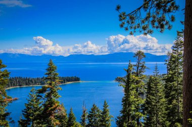 Arka planda mavi gökyüzü olan güzel bir göl manzarası. Ağaçlar uzun ve su sakin.