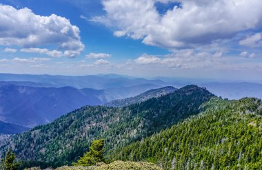 Açık mavi gökyüzü ve bulutları olan bir dağ sırası. Dağlar ağaçlarla örtülmüş, gökyüzü parlak ve berrak.
