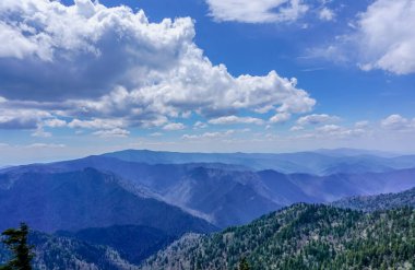 Gökyüzü mavi ve bulutlu, arka planda bir dağ sırası var. Dağlar ağaçlarla örtülmüş, gök de bulutlarla örtülmüştür.