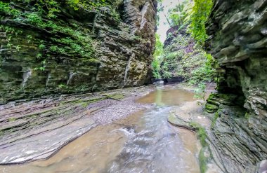 Her iki tarafında ağaçlar olan kayalık bir kanyondan bir nehir akıyor. Su kahverengi ve bulanık, kayalar pürüzlü ve pürüzlü. Sahne huzurlu ve sakin, suyun sesiyle.