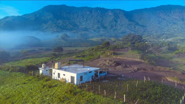 Kırsal bir bölgedeki bir yamaçta küçük beyaz bir ev bulunur. Ev yemyeşil bir tarla ve birkaç ağaçla çevrilidir. Gökyüzü açık ve güneş parlıyor. Huzurlu bir hava yaratıyor.