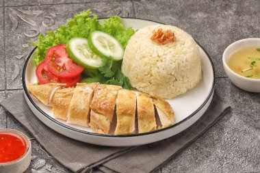 Singapur ve Malezya 'da yaygın olarak bulunan Çin usulü tavuklu pilav. Nasi hainan