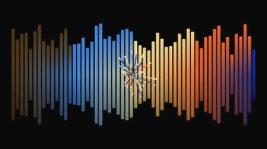 Ses sinyali işleme teknolojisinin soyut görsel temsilinde gradyan etkisi ve uçan nesnelerle renkli ses dalgası çizimi