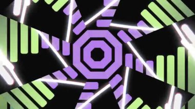 Siyah zemin üzerinde mor sekizgen merkezli soyut geometrik şekiller ve dinamik görsel efekt yaratmak için yeşil çizgili desenler